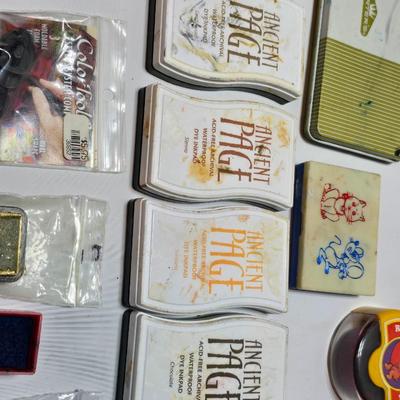 Stamping craft - Stamp Ink pads in an assortment of colors and sizes - stamping tools - and a few rubber stamps with canvas box