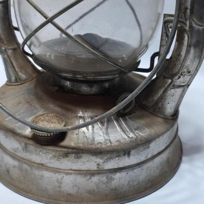 Kerosene Lanterns - Dietz USA New York No 2 - damaged bent top Made in China Blue with glass globes