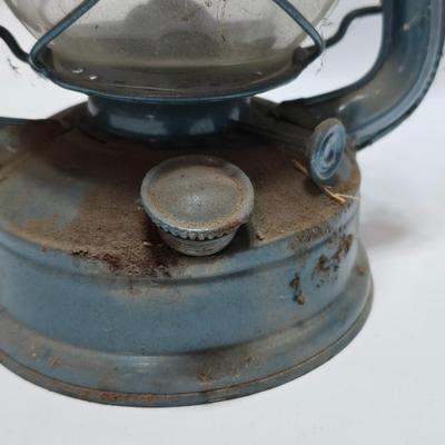 Kerosene Lanterns - Dietz USA New York No 2 - damaged bent top Made in China Blue with glass globes