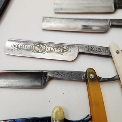 Lot of Vintage Straight Razors & Kriss Kross Stropper , Kobar Copper King Blue Steel, George Wostenholm,Eisemann's ,