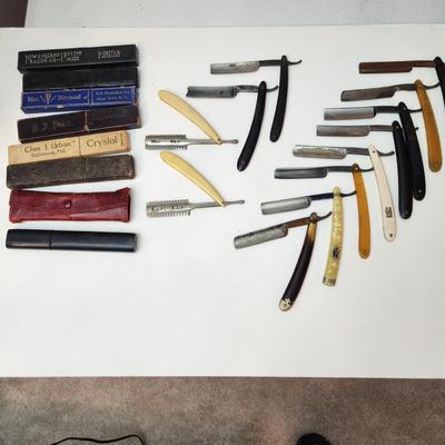 Lot of Vintage Straight Razors & Kriss Kross Stropper , Kobar Copper King Blue Steel, George Wostenholm,Eisemann's ,