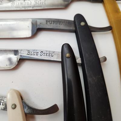 Lot of Vintage Straight Razors & Kriss Kross Stropper , Kobar Copper King Blue Steel, George Wostenholm,Eisemann's ,