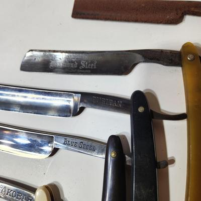 Lot of Vintage Straight Razors & Kriss Kross Stropper , Kobar Copper King Blue Steel, George Wostenholm,Eisemann's ,