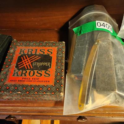 Lot of Vintage Straight Razors & Kriss Kross Stropper , Kobar Copper King Blue Steel, George Wostenholm,Eisemann's ,