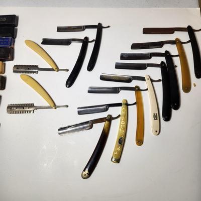 Lot of Vintage Straight Razors & Kriss Kross Stropper , Kobar Copper King Blue Steel, George Wostenholm,Eisemann's ,
