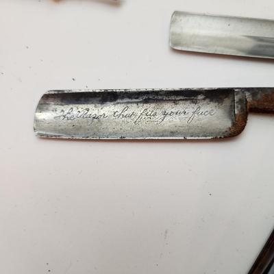 Lot of Vintage Straight Razors & Kriss Kross Stropper , Kobar Copper King Blue Steel, George Wostenholm,Eisemann's ,