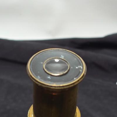 Immaculate! Antique 19th C. Small French Victorian Brass Scientific Travel Microscope with case & tweezers - marked FRANCE