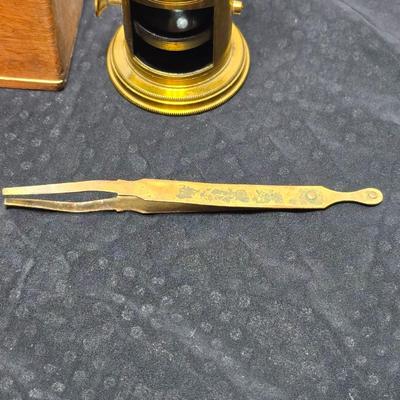 Immaculate! Antique 19th C. Small French Victorian Brass Scientific Travel Microscope with case & tweezers - marked FRANCE