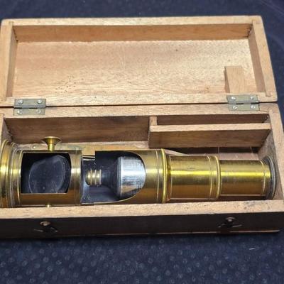 Immaculate! Antique 19th C. Small French Victorian Brass Scientific Travel Microscope with case & tweezers - marked FRANCE