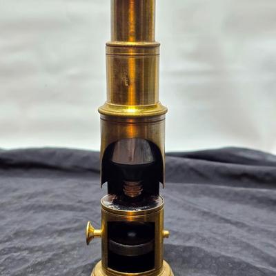 Immaculate! Antique 19th C. Small French Victorian Brass Scientific Travel Microscope with case & tweezers - marked FRANCE