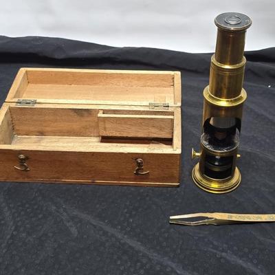 Immaculate! Antique 19th C. Small French Victorian Brass Scientific Travel Microscope with case & tweezers - marked FRANCE