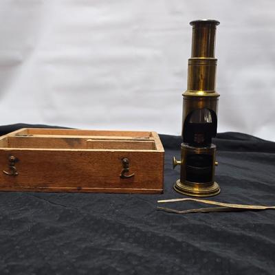 Immaculate! Antique 19th C. Small French Victorian Brass Scientific Travel Microscope with case & tweezers - marked FRANCE