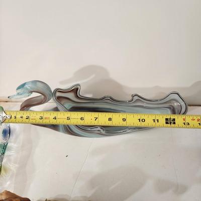 Lot of Art Glass, Slag Glass Swans , Lion, Blue Glass Basket , Glass Heart, serving tray,