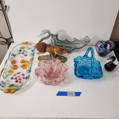 Lot of Art Glass, Slag Glass Swans , Lion, Blue Glass Basket , Glass Heart, serving tray,