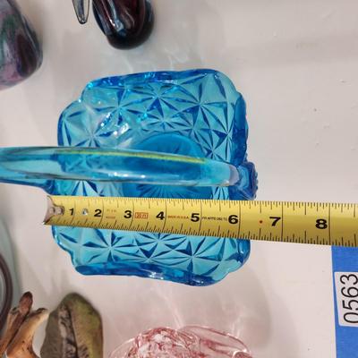 Lot of Art Glass, Slag Glass Swans , Lion, Blue Glass Basket , Glass Heart, serving tray,