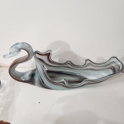 Lot of Art Glass, Slag Glass Swans , Lion, Blue Glass Basket , Glass Heart, serving tray,