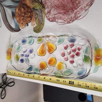 Lot of Art Glass, Slag Glass Swans , Lion, Blue Glass Basket , Glass Heart, serving tray,