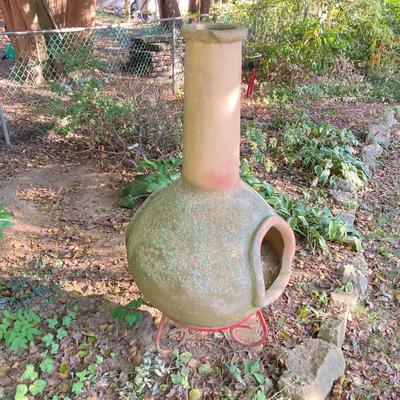 LOT 75: Outdoor Stone Chiminea / Fire Pit with Stand