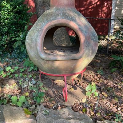 LOT 75: Outdoor Stone Chiminea / Fire Pit with Stand