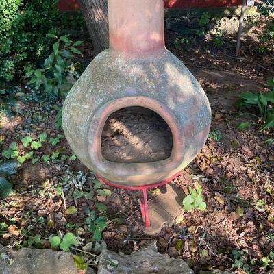 LOT 75: Outdoor Stone Chiminea / Fire Pit with Stand