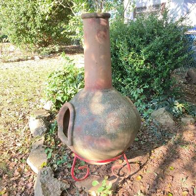 LOT 75: Outdoor Stone Chiminea / Fire Pit with Stand