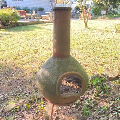 LOT 75: Outdoor Stone Chiminea / Fire Pit with Stand