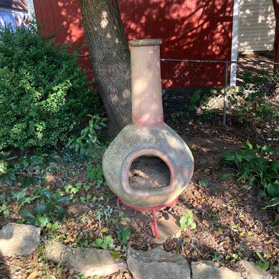 LOT 75: Outdoor Stone Chiminea / Fire Pit with Stand