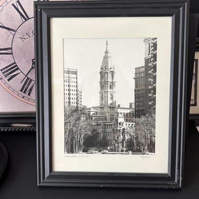 LOT 84: Home Decor Collection: Signed 1980 Photo of Philadelphia, Stained Glass Liberty Bell, Wall Clock, Lamp, Round Wall Mirror. 10x13...