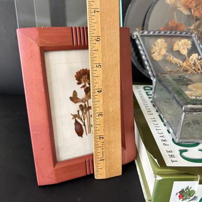 LOT 90: Stained Glass Candle Shade, Pressed Dried Flowers Hanging Glass Art, Dried Flower Trinket Box and More