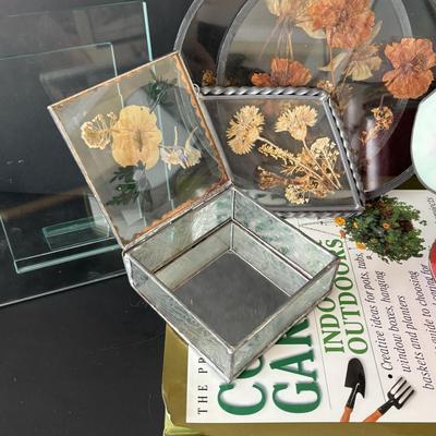 LOT 90: Stained Glass Candle Shade, Pressed Dried Flowers Hanging Glass Art, Dried Flower Trinket Box and More