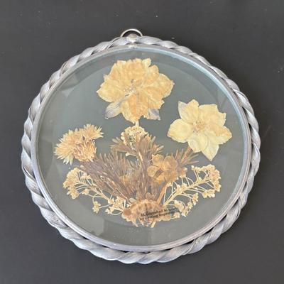 LOT 90: Stained Glass Candle Shade, Pressed Dried Flowers Hanging Glass Art, Dried Flower Trinket Box and More