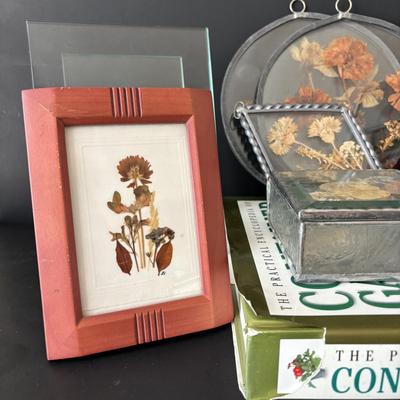 LOT 90: Stained Glass Candle Shade, Pressed Dried Flowers Hanging Glass Art, Dried Flower Trinket Box and More