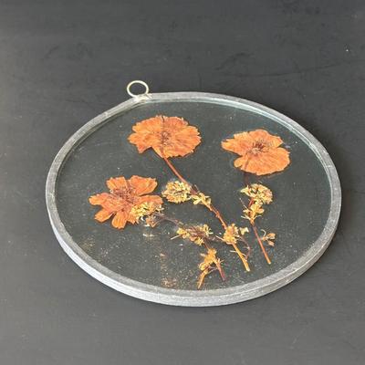LOT 90: Stained Glass Candle Shade, Pressed Dried Flowers Hanging Glass Art, Dried Flower Trinket Box and More