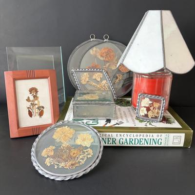 LOT 90: Stained Glass Candle Shade, Pressed Dried Flowers Hanging Glass Art, Dried Flower Trinket Box and More