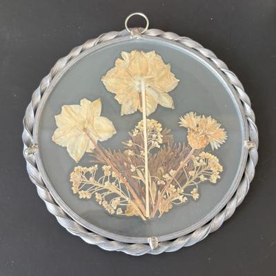 LOT 90: Stained Glass Candle Shade, Pressed Dried Flowers Hanging Glass Art, Dried Flower Trinket Box and More