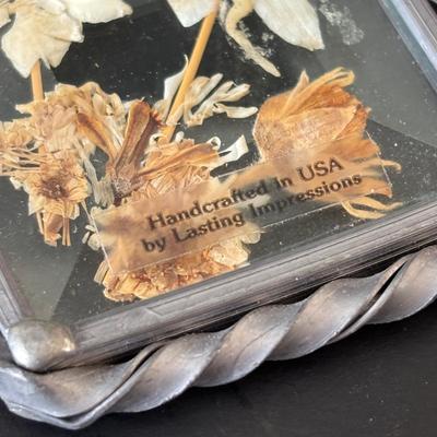LOT 90: Stained Glass Candle Shade, Pressed Dried Flowers Hanging Glass Art, Dried Flower Trinket Box and More