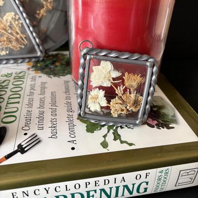 LOT 90: Stained Glass Candle Shade, Pressed Dried Flowers Hanging Glass Art, Dried Flower Trinket Box and More