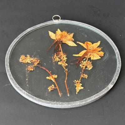 LOT 90: Stained Glass Candle Shade, Pressed Dried Flowers Hanging Glass Art, Dried Flower Trinket Box and More