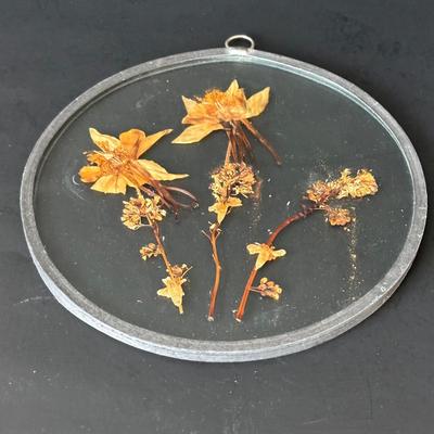 LOT 90: Stained Glass Candle Shade, Pressed Dried Flowers Hanging Glass Art, Dried Flower Trinket Box and More