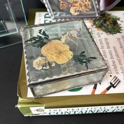 LOT 90: Stained Glass Candle Shade, Pressed Dried Flowers Hanging Glass Art, Dried Flower Trinket Box and More