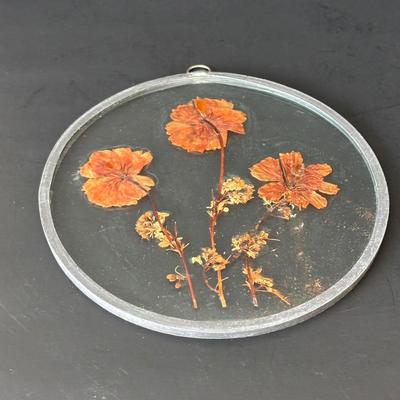 LOT 90: Stained Glass Candle Shade, Pressed Dried Flowers Hanging Glass Art, Dried Flower Trinket Box and More