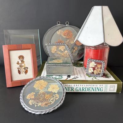 LOT 90: Stained Glass Candle Shade, Pressed Dried Flowers Hanging Glass Art, Dried Flower Trinket Box and More