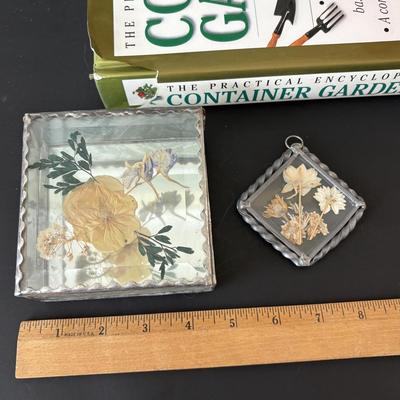 LOT 90: Stained Glass Candle Shade, Pressed Dried Flowers Hanging Glass Art, Dried Flower Trinket Box and More