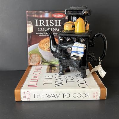 LOT 85: Paul Cardew Porcelain Teapot, Irish Cooking & Julia Child Cookbooks
