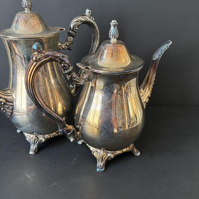 LOT 87: Onieda Tea/Coffee Pots, Sugar & Creamer along with an Unmarked Silver Tone Bowl