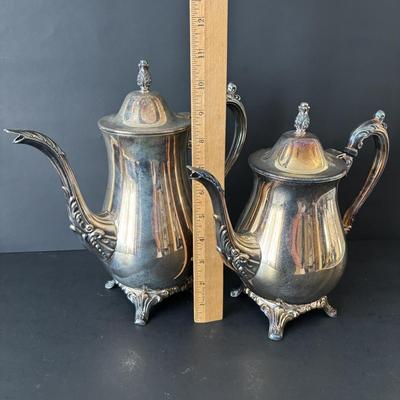 LOT 87: Onieda Tea/Coffee Pots, Sugar & Creamer along with an Unmarked Silver Tone Bowl