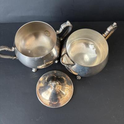 LOT 87: Onieda Tea/Coffee Pots, Sugar & Creamer along with an Unmarked Silver Tone Bowl