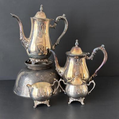 LOT 87: Onieda Tea/Coffee Pots, Sugar & Creamer along with an Unmarked Silver Tone Bowl