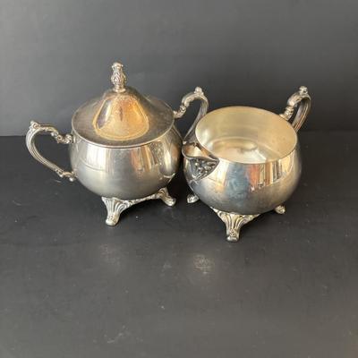 LOT 87: Onieda Tea/Coffee Pots, Sugar & Creamer along with an Unmarked Silver Tone Bowl