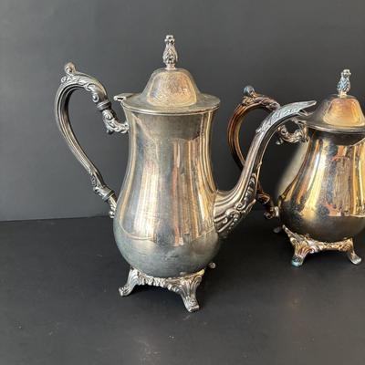 LOT 87: Onieda Tea/Coffee Pots, Sugar & Creamer along with an Unmarked Silver Tone Bowl